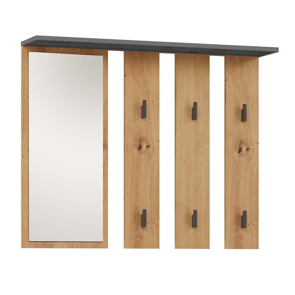 Detail stylových černých háčků a police v dekoru dub artisan