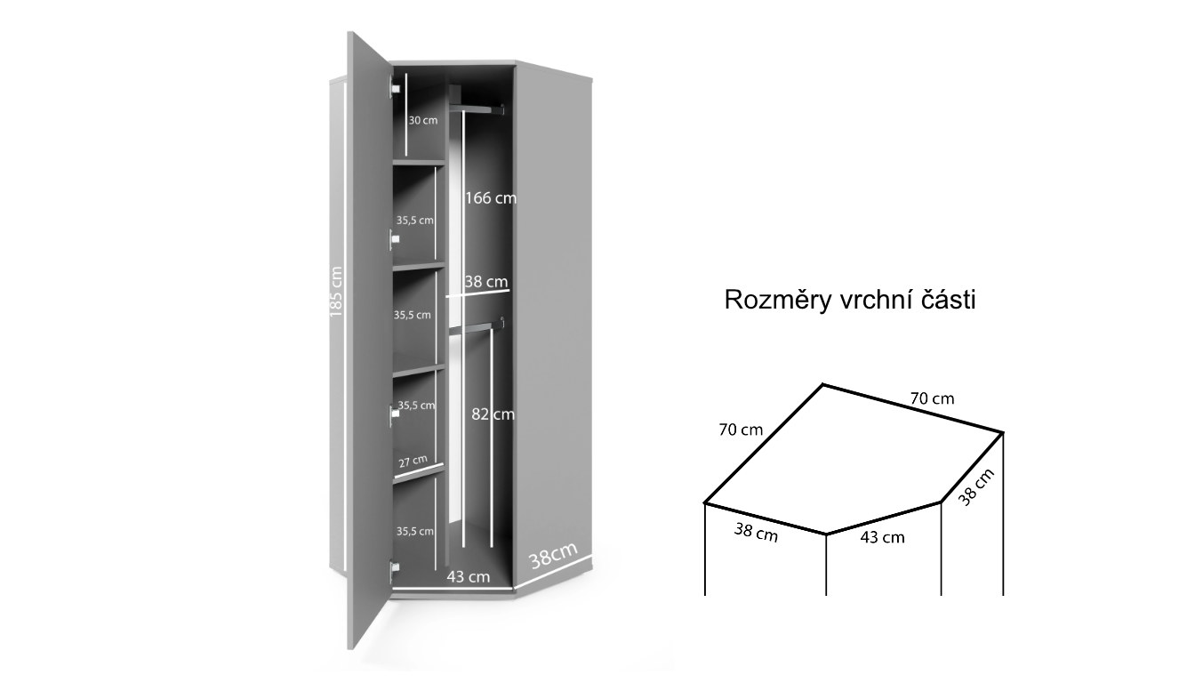 Schéma rozměrů rohová skříň trinity